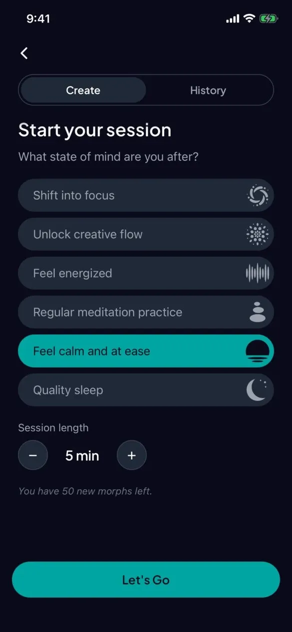 The Morph screen: choose a state of mind and a session length