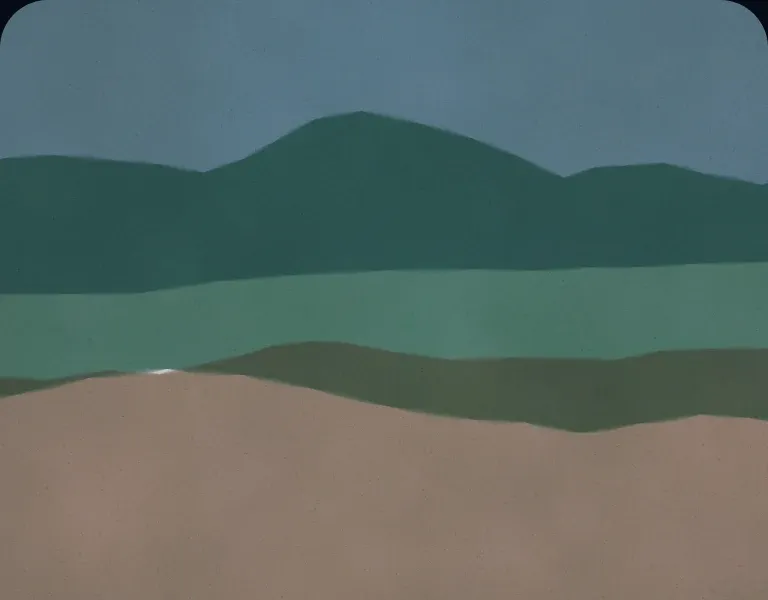 A painted afternoon sky over green hills