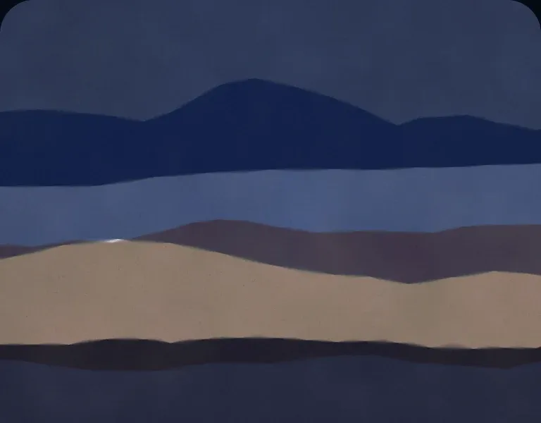 A painted dusk sky over blue hills