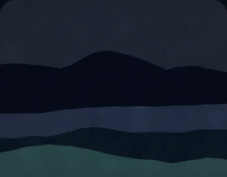 A painted night sky over dark hills